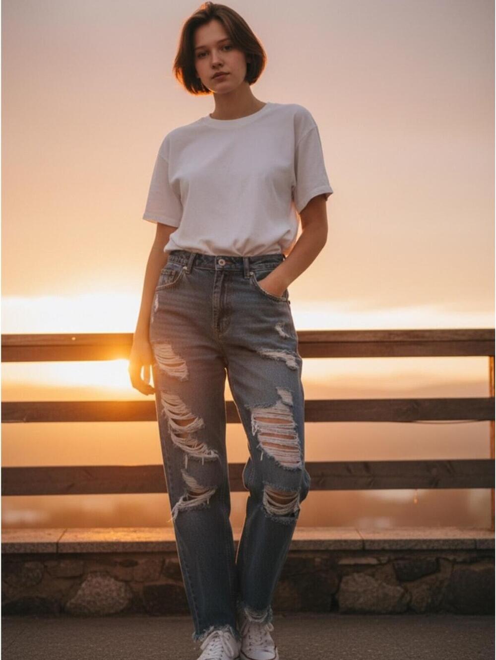 NIB SHEIN Distressed Boyfriend Jeans in Medium Blue Wash